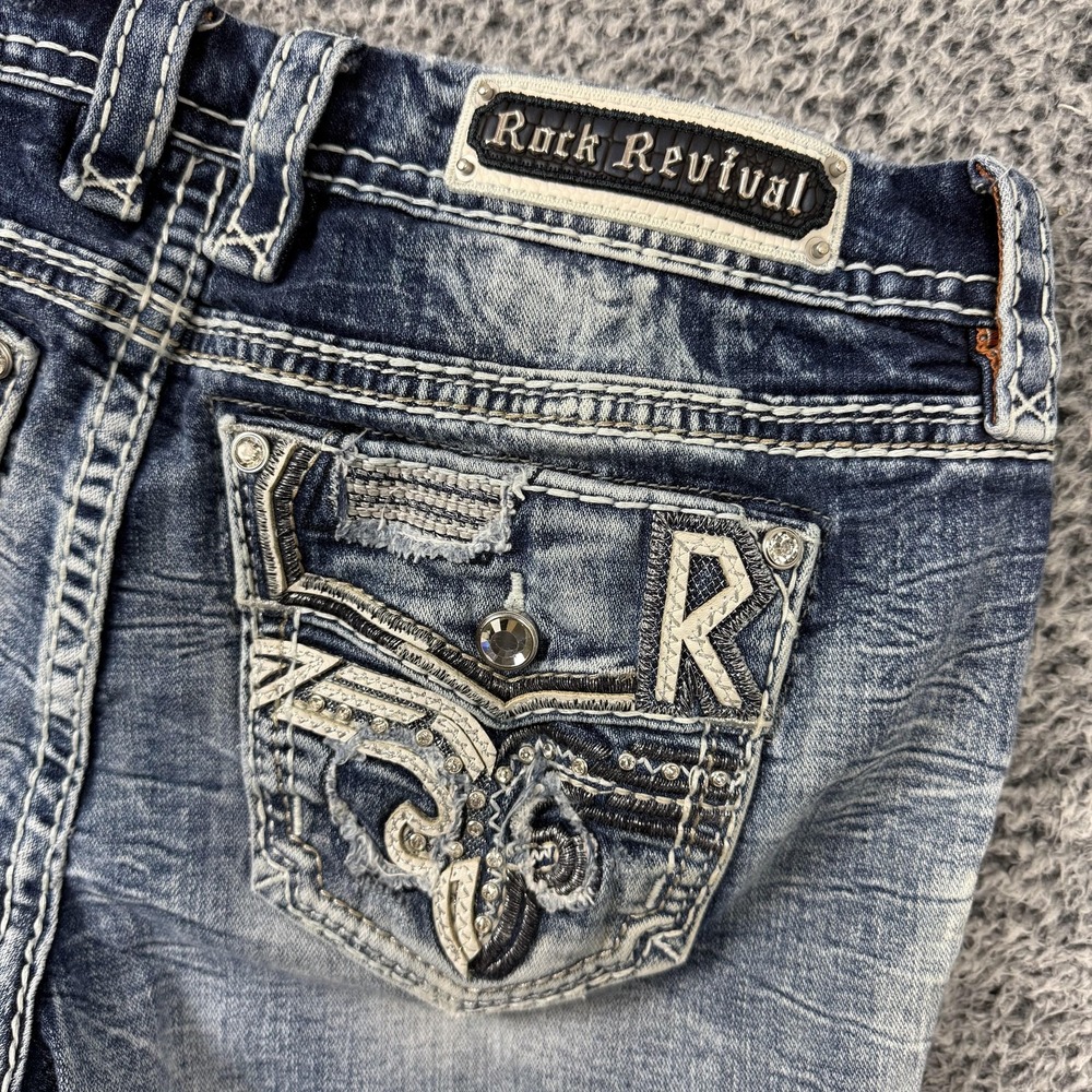 Rock Revival Jeans Womens 32 Blue Bootcut Embroidered Rhinestone Stretch Denim